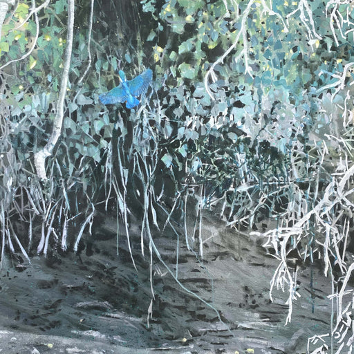 Artistic depiction of a blue bird in a forest setting