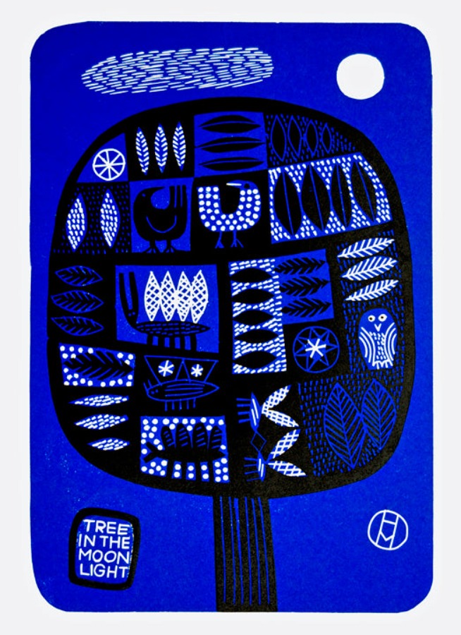 Tree in the Moonlight by Hilke MacIntyre | Contemporary Linocut Print for sale at The Biscuit Factory Newcastle