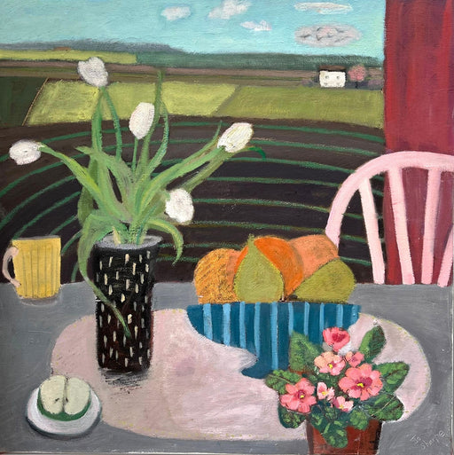Tulips, Fruit Bowl & Stripey Field