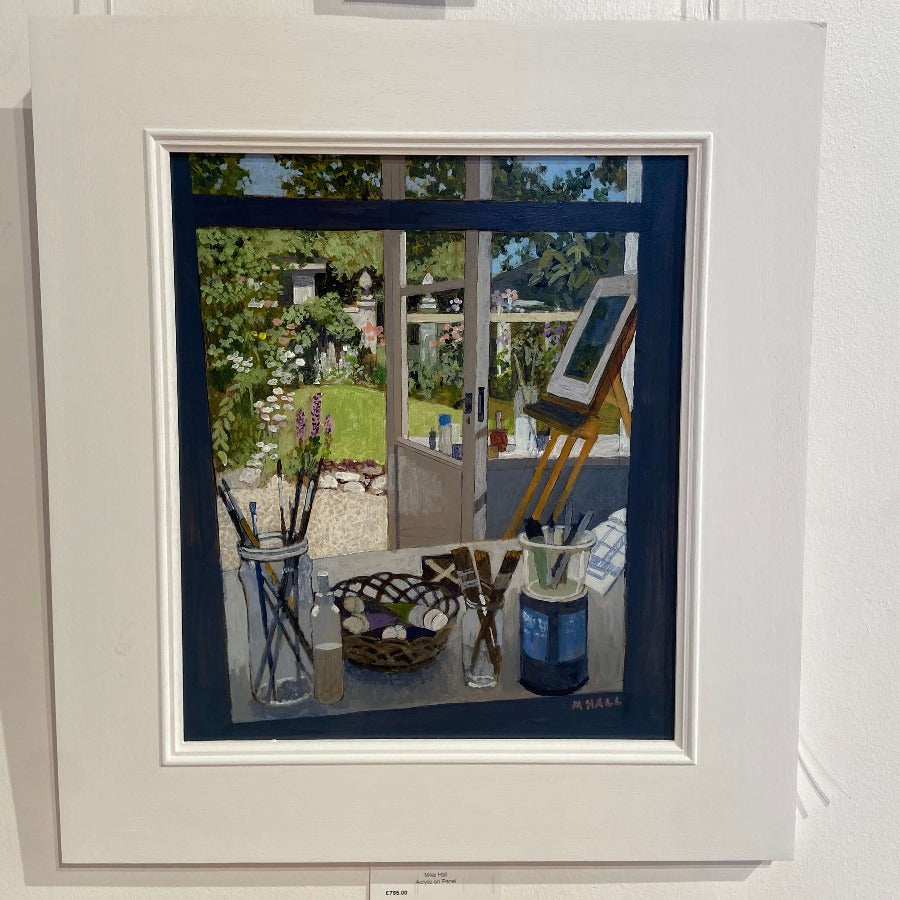 View of the Garden from the Studio by Mike Hall, an original painting of an artist studio overlooking a sunny garden. | Original art for sale at The Biscuit Factory Newcastle