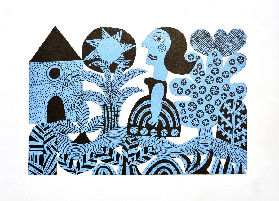 Walk in the Blue by Hilke MacIntyre | Contemporary Linocut prints for sale at The Biscuit Factory Newcastle 