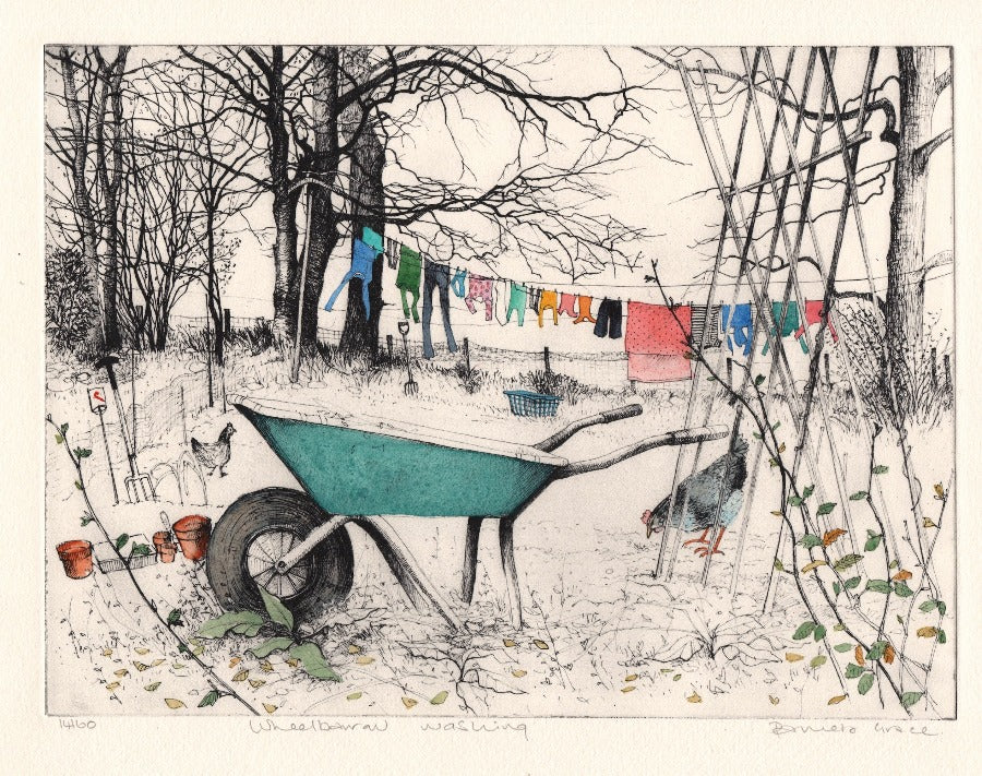 Wheel Barrow Washing by Pamela Grace | Contemporary Print for sale at The Biscuit Factory Newcastle4