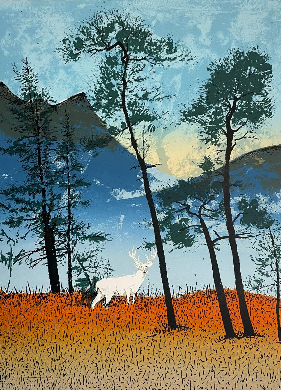 White Stag by Tim Southall, a limited edition print of a stag in a wood