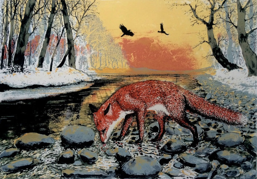 Winter Fox by Tim Southall, a limited edition print of a fox near a stream