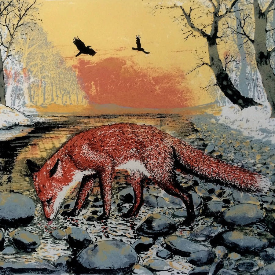 Winter Fox by Tim Southall, a limited edition print of a fox near a stream