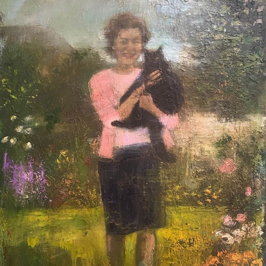 Woman and Cat by Rhonda Smith | Contemporary oil painting for sale at The Biscuit Factory Newcastle 