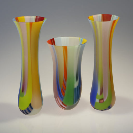 Three brightly coloured, handmade glass vessel by artist Ruth Shelly. For sale at The Biscuit Factory Newcastle.
