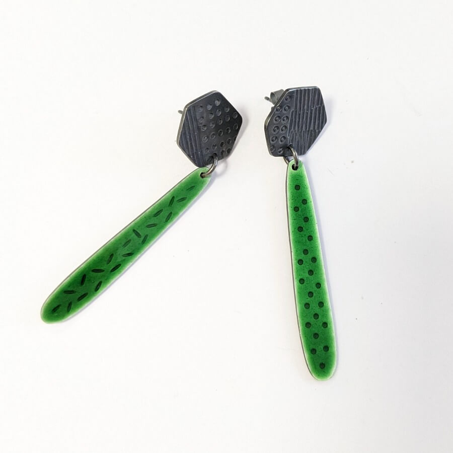 Basalt Drop Earrings - Summer Green by Caroline Finlay | Original jewellery for sale at The Biscuit Factory Newcastle 