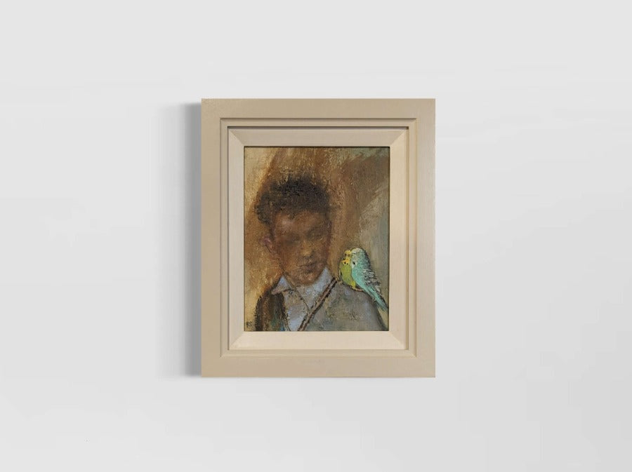 Boy with Budgies by Rhonda Smith | Contemporary painting for sale at The Biscuit Factory Newcastle