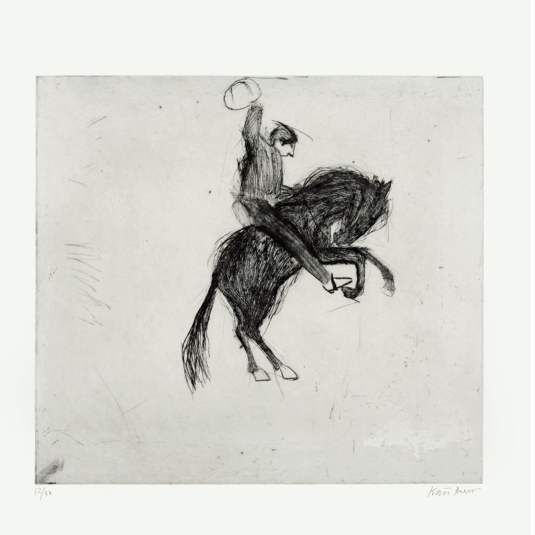 Bucking Bronco by Kate Boxer, a handmade print of a cowboy on a horse.