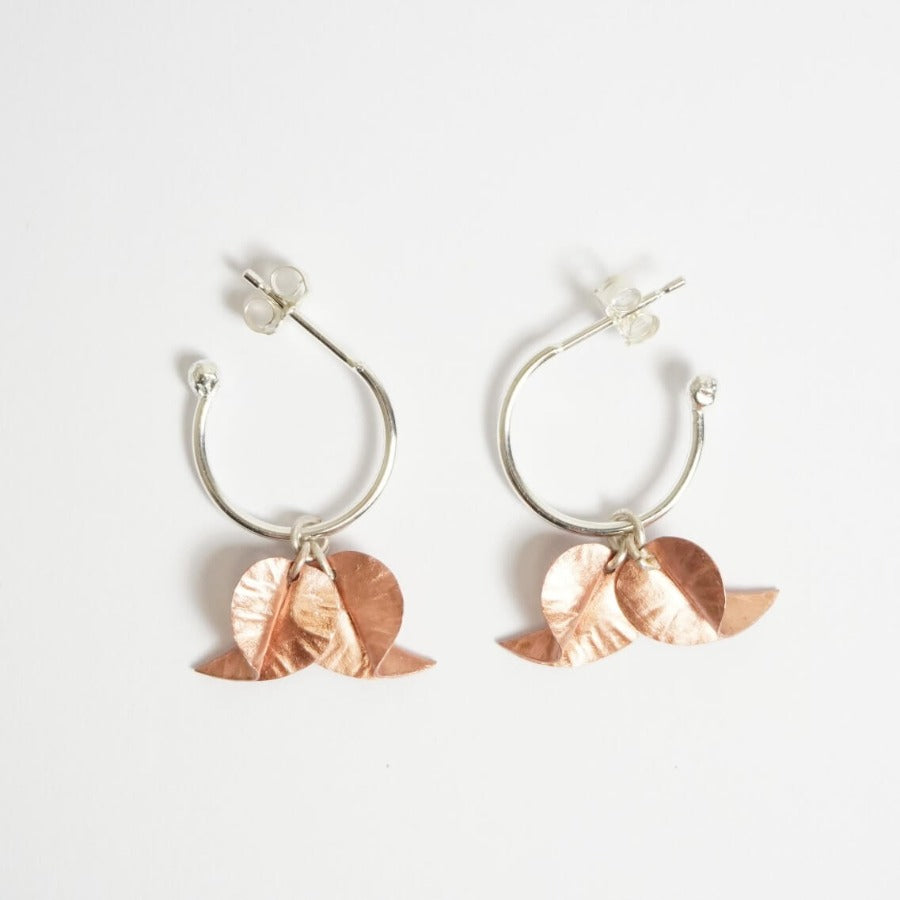 Copper Tiny Leaves Hoop Earrings by Nettie Birch | Contemporary Jewellery for sale at The Biscuit Factory Newcastle 