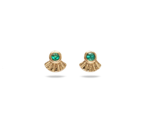 Extra Tiny Gold Fan Studs - Emerald by Mim Best | Contemporary Jewellery for sale at The Biscuit Factory Newcastle 