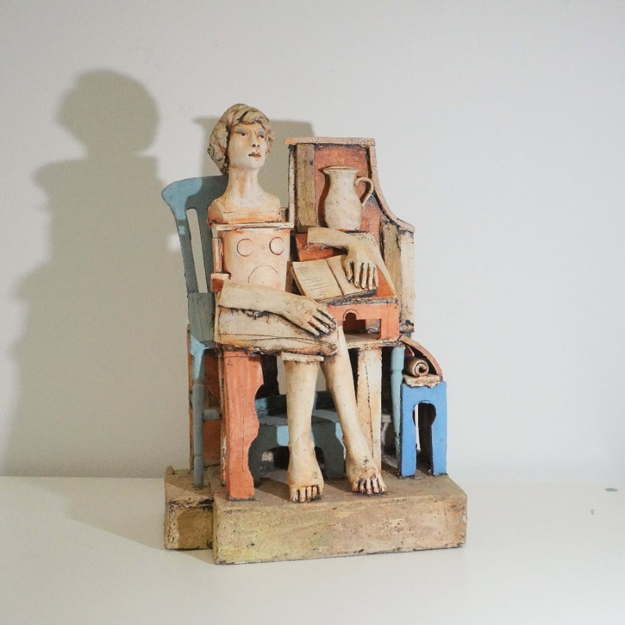 Seated Figure with Book by Christy Keaney | Contemporary Cubist Sculpture for sale at The Biscuit Factory Newcastle 