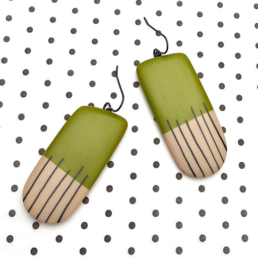 Brush Drop Earrings by Kaz Robertson, pair of green earrings with grey and black srtripes | Unique handmade jewellery for sale at The Biscuit Factory Newcastle