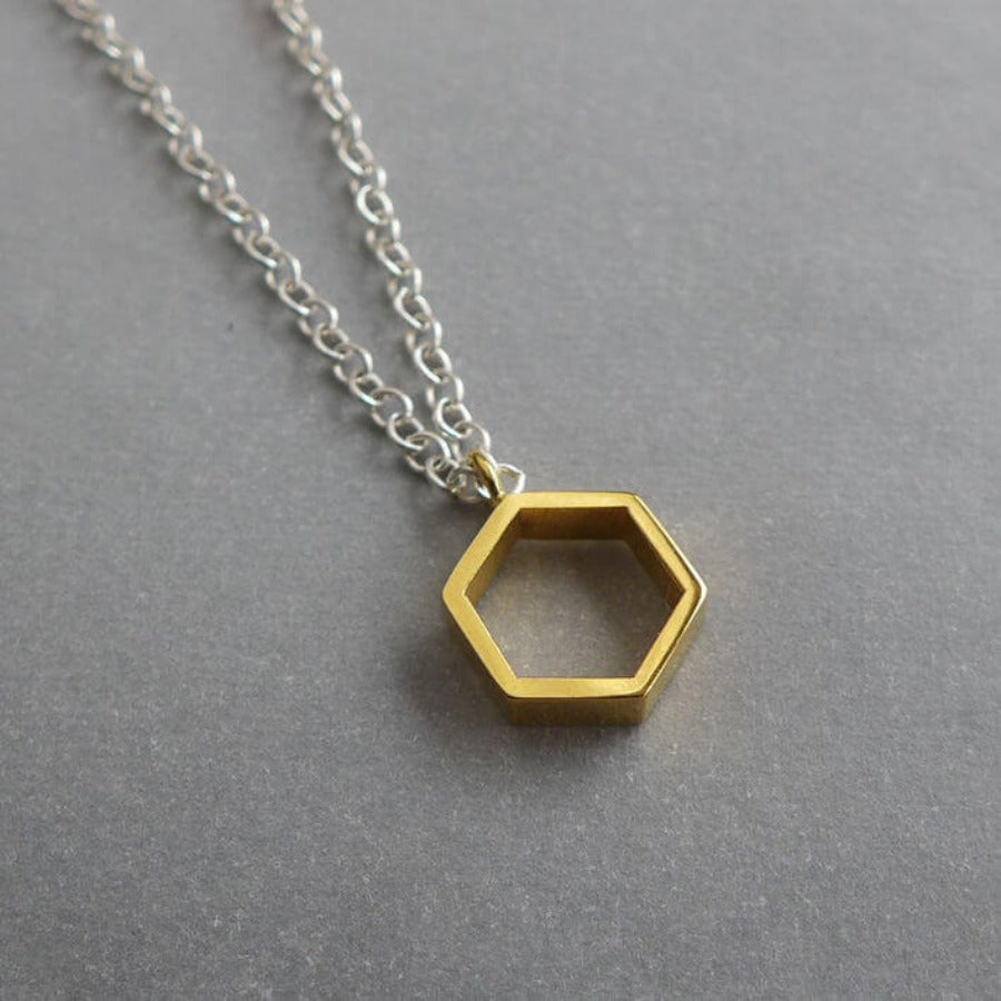 Hollow Hexagonal Pendant Gold Plates by Laila Smith | Contemporary Jewellery for sale at The Biscuit Factory Newcastle 