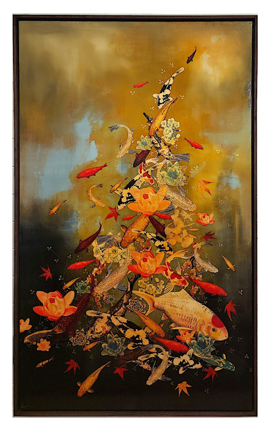 Koi on Ochre Pale Blue Black by Lily Greenwood | Contemporary Paintings for sale at The Biscuit Factory Newcastle