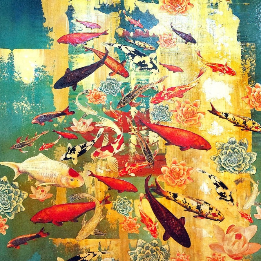 Koi on Turquoise and Cadmium Orange by Lily Greenwood | Original paintings for sale at The Biscuit Factory Newcastle 