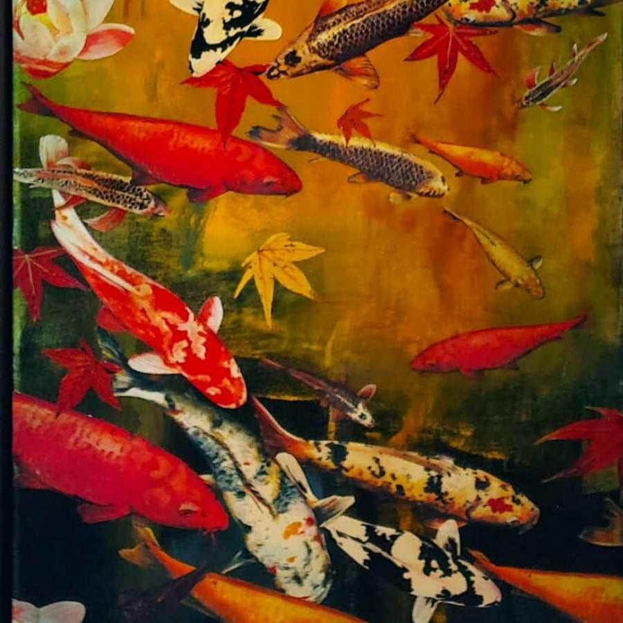 Koi on Yellow Ochre and Black by Lily Greenwood | Contemporary Painting for sale at The Biscuit Factory Newcastle 