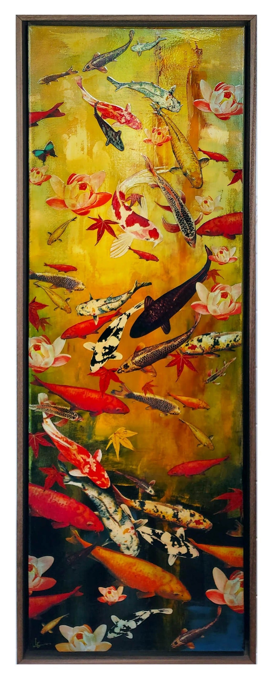 Koi on Yellow Ochre and Black by Lily Greenwood | Contemporary Painting for sale at The Biscuit Factory Newcastle