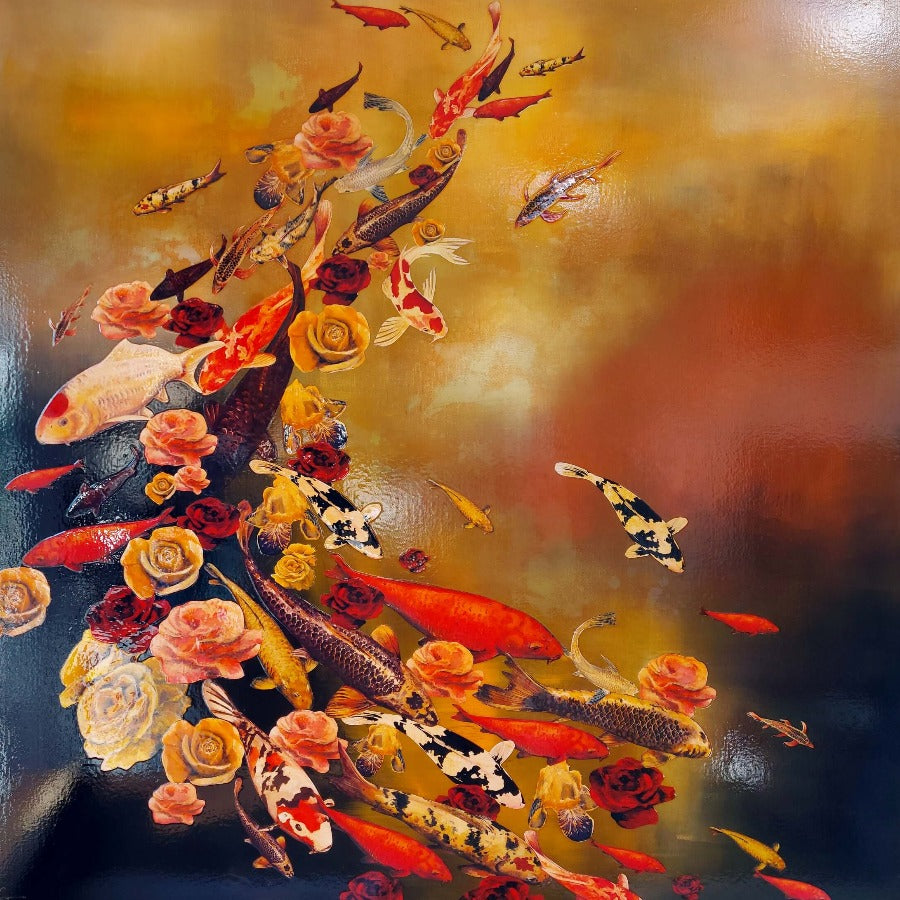 Koi with Blossoms on Black Yellow and Copper by Lily Greenwood | Contemporary painting for sale at The Biscuit Factory Newcastle 
