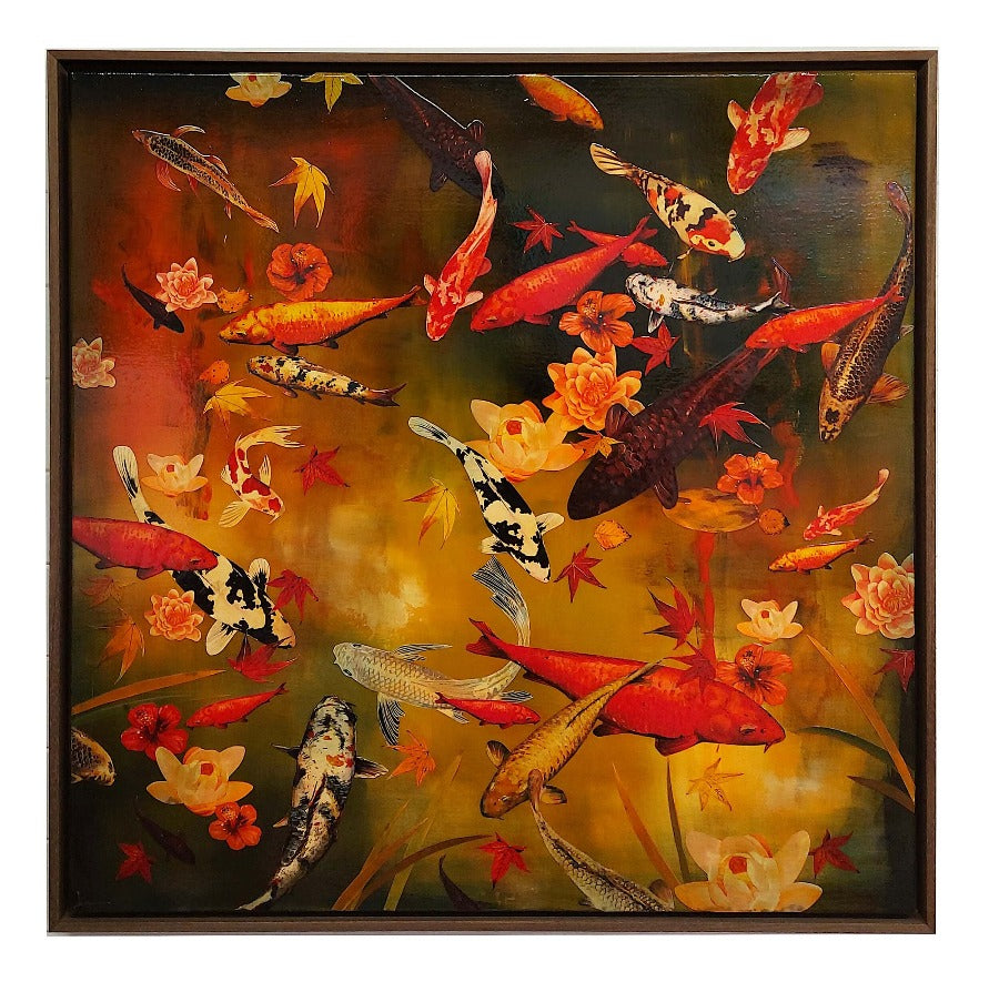 Koi with Lilies and Maple by Lily Greenwood | Contemporary Paintings for sale at The Biscuit Factory Newcastle