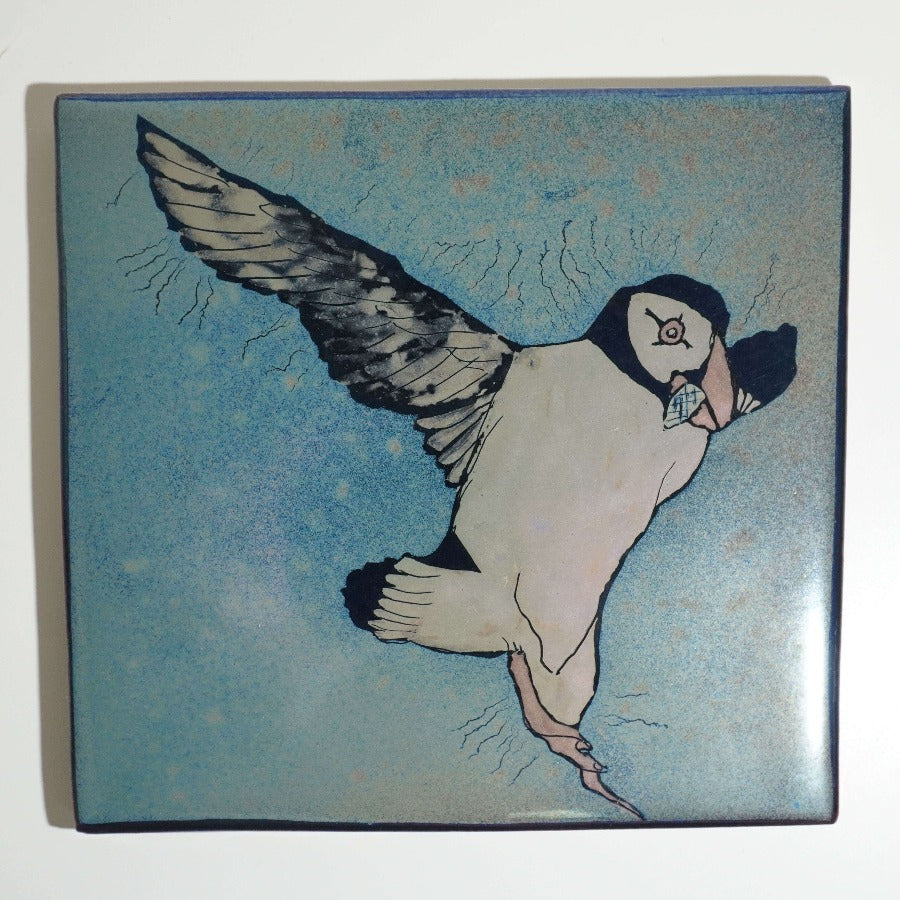 Large Puffin Flight Tile by Jonathon Chiswell Jones | Original ceramic art for sale at The Biscuit Factory Newcastle