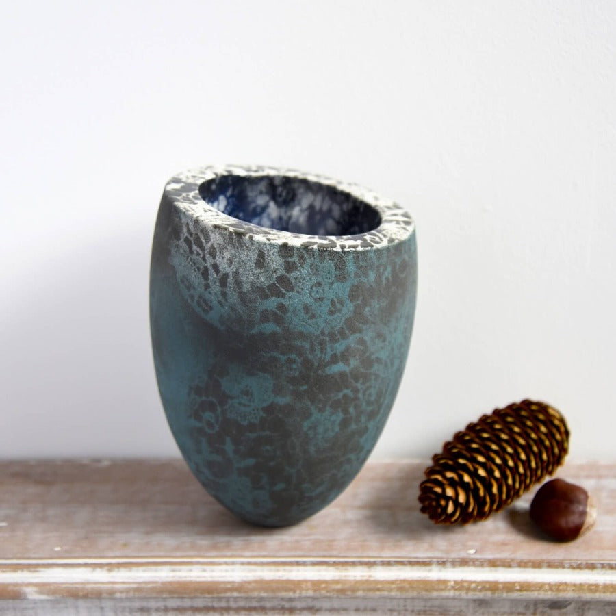 Medium Vessel Tall - Teal,Black & White by Lesley Farrell | Contemporary ceramics for sale at The Biscuit Factory Newcastle 