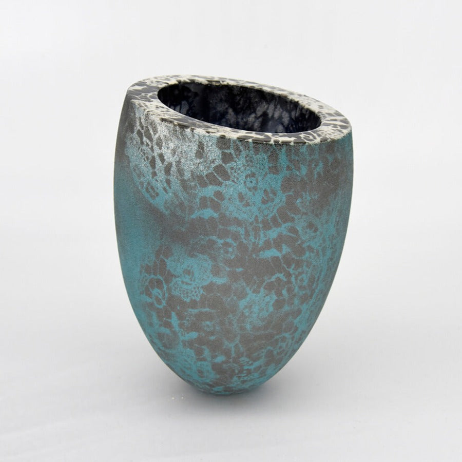 Medium Vessel Tall - Teal,Black & White by Lesley Farrell | Contemporary ceramics for sale at The Biscuit Factory Newcastle