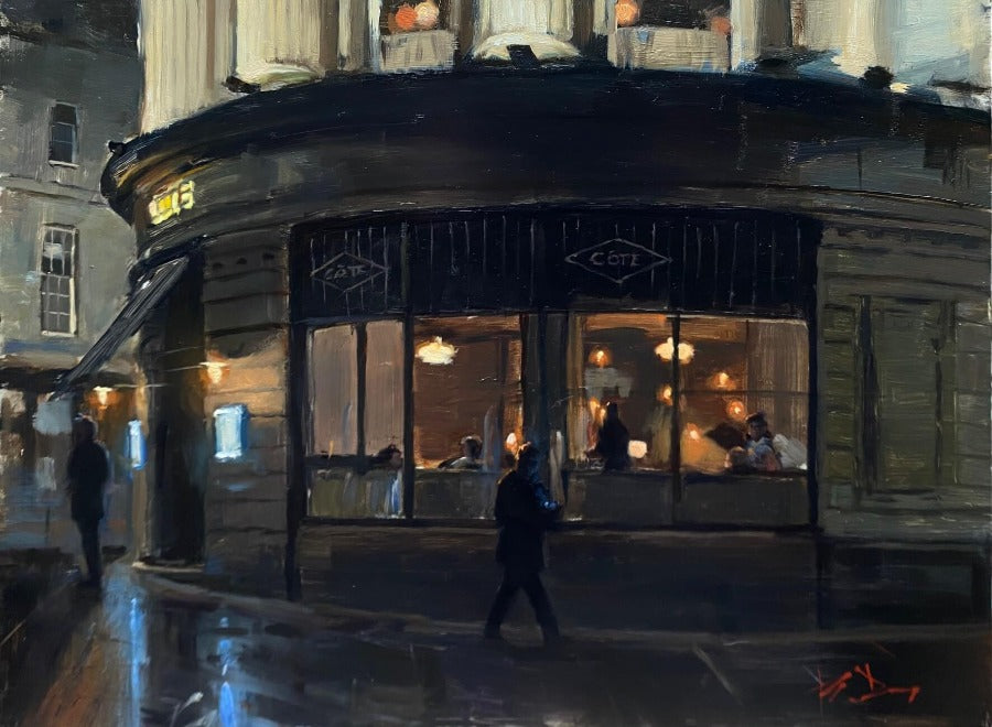 Night Restaurant by Kevin Day, an original oil painting of a city street scene. | Original, local art for sale at The Biscuit Factory Newcastle