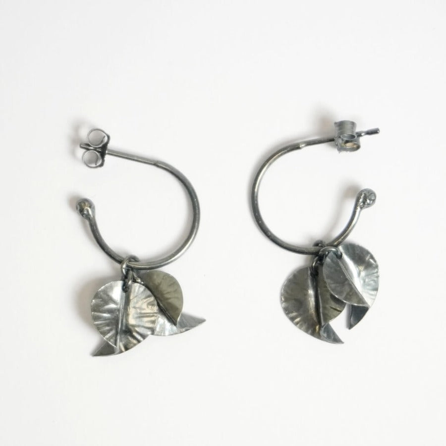 Tiny Leaves Hoops Oxidised by Nettie Birch | Contemporary Jewellery for sale at The Biscuit Factory Newcastle 