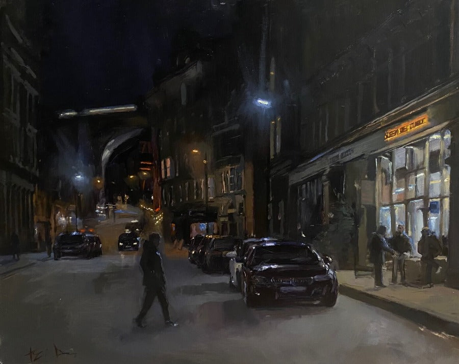 Queen Street Night by Kevin Day, an original oil painting of a city street scene. | Original, local art for sale at The Biscuit Factory Newcastle