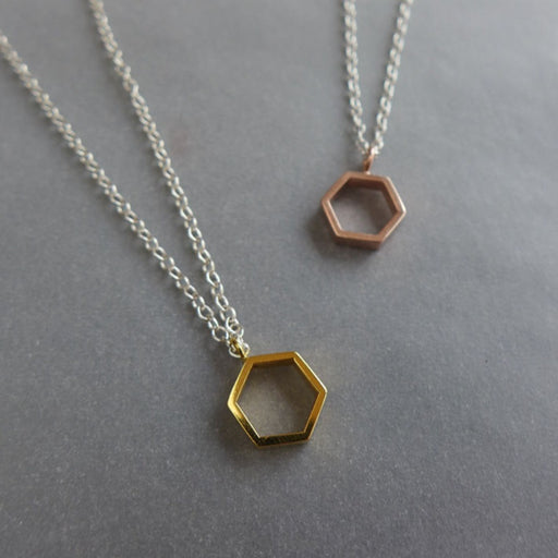 Hollow Hexagonal Pendant Gold Plates by Laila Smith | Contemporary Jewellery for sale at The Biscuit Factory Newcastle