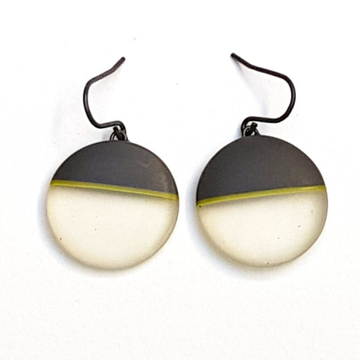 Round Stripe Earrings by Kaz Robertson, a pair of grey earrings with a green stripe. | Unique, handmade jeewellery for sale at The Biscuit Factory Newcastle