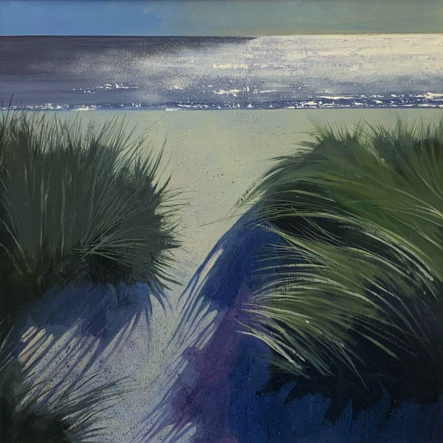 Silver View by Graham Rider, an original painting of the ocean beyond sand dunes. | Original seascape paintings for sale at The Biscuit Factory Newcastle.
