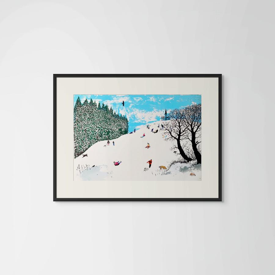 Snow on the Hill by Tim Southall | Contemporary Silkscreen print for sale at The Biscuit Factory 