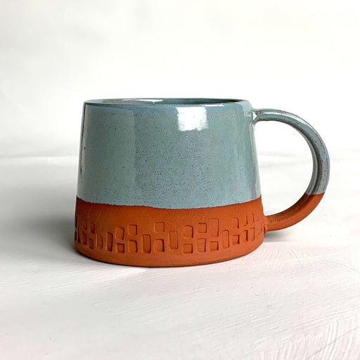 Squares and Rectangles Coffee Cup - Soft Blue by Emma Westmacott | Original handcrafted brutalist ceramics for sale at The Biscuit Factory Newcastle 