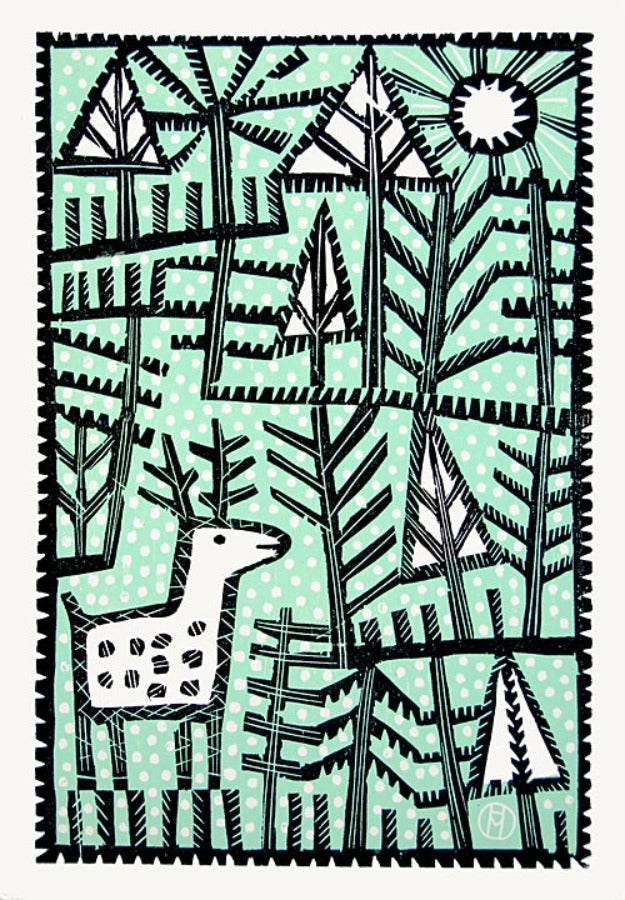 Stag in the Snow by Hilke MacIntyre | Limited edition Print for sale at The Biscuit Factory Newcastle 