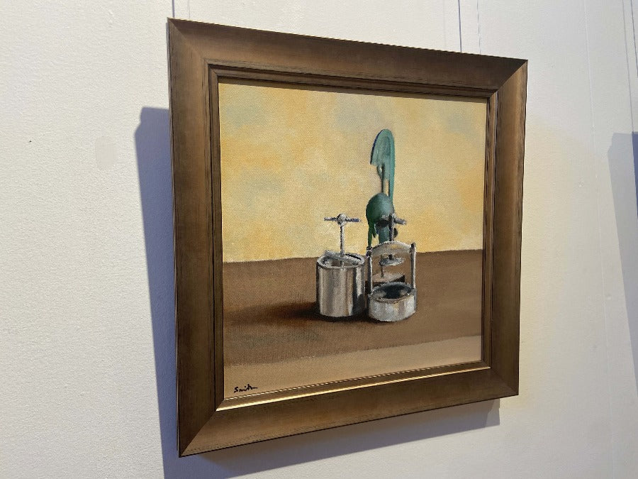 Still Life 3 - Helmet and Presses by Mick Smith | Contemporary paintings for sale at The Biscuit Factory