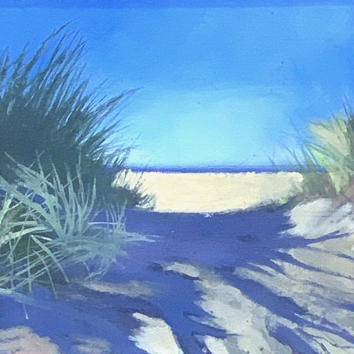 Study for The Bird by Graham Rider, an original painting of the ocean beyond sand dunes. | Original seascape paintings for sale at The Biscuit Factory Newcastle.