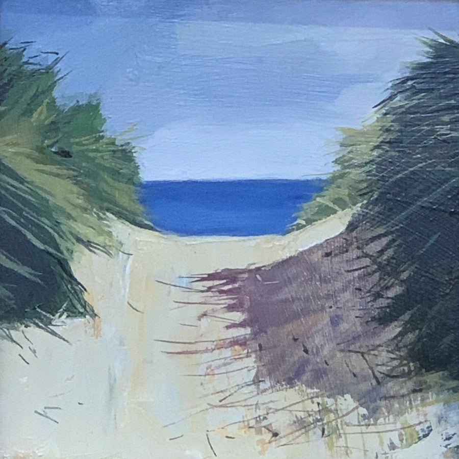 To the Sea by Graham Rider, an original painting of the ocean beyond sand dunes. | Original seascape paintings for sale at The Biscuit Factory Newcastle.