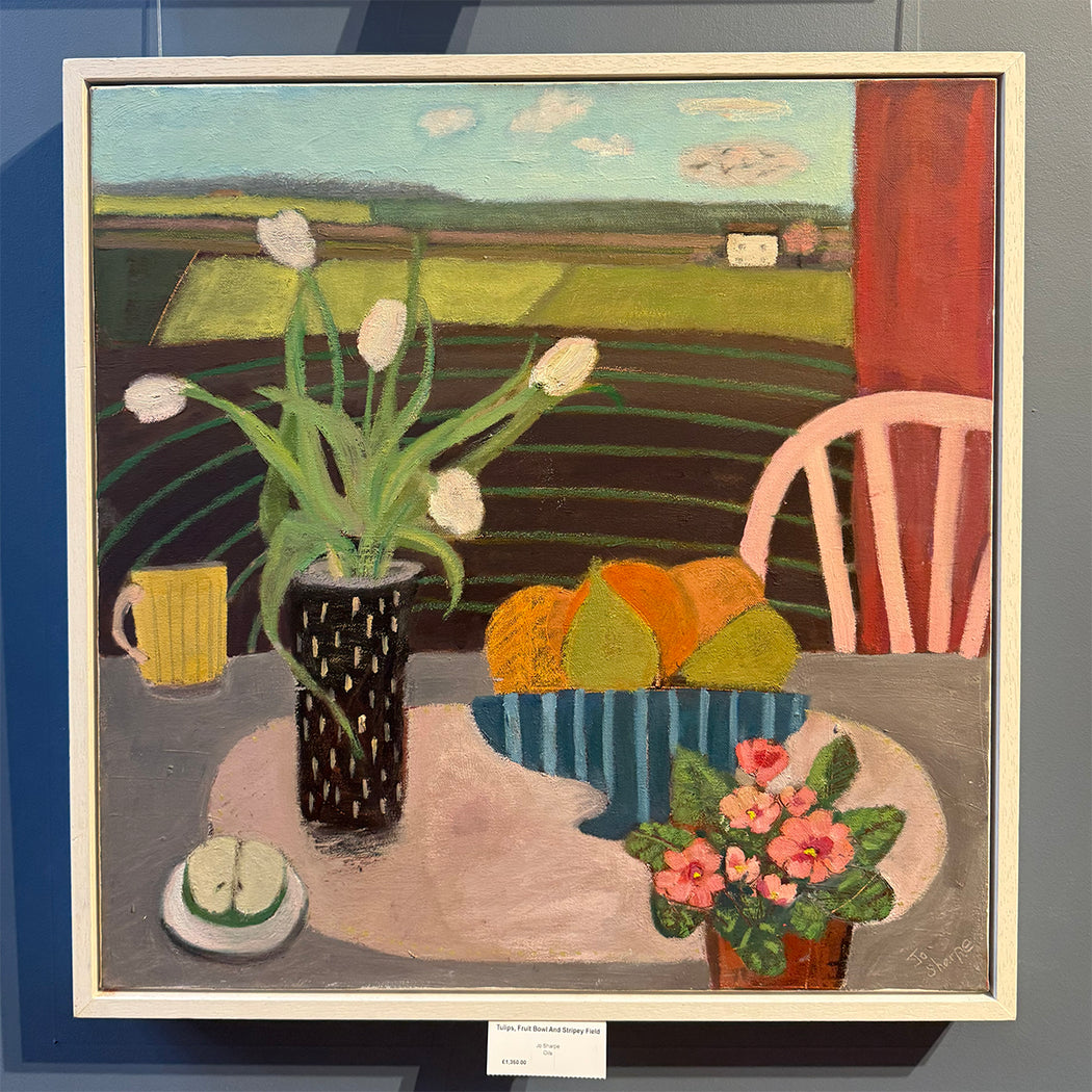 Tulips, Fruit Bowl & Stripey Field