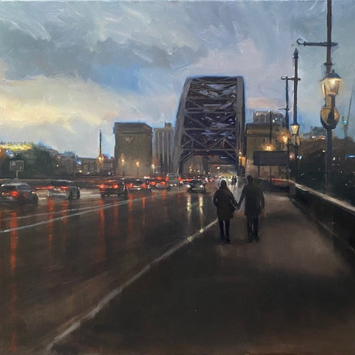 Tyne Bridge Walk by Kevin Day, an original oil painting of a city street scene. | Original, local art for sale at The Biscuit Factory Newcastle