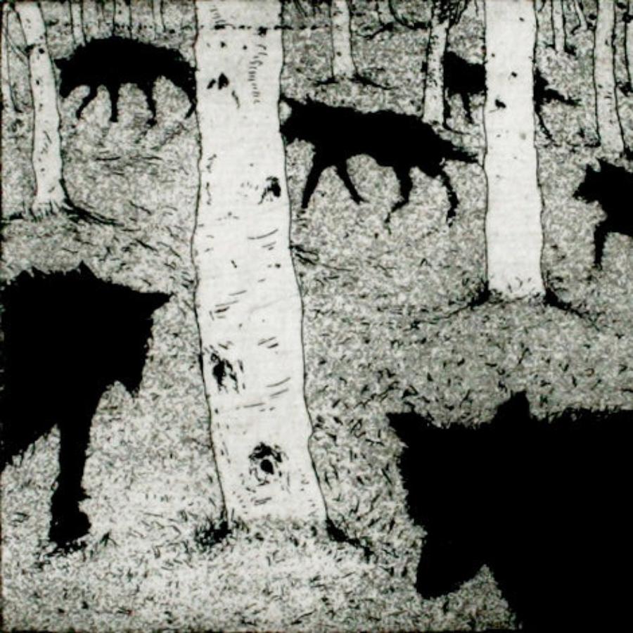 Wolves in the Wood by Tim Southall | Contemporary Etching Print for sale at The Biscuit Factory 