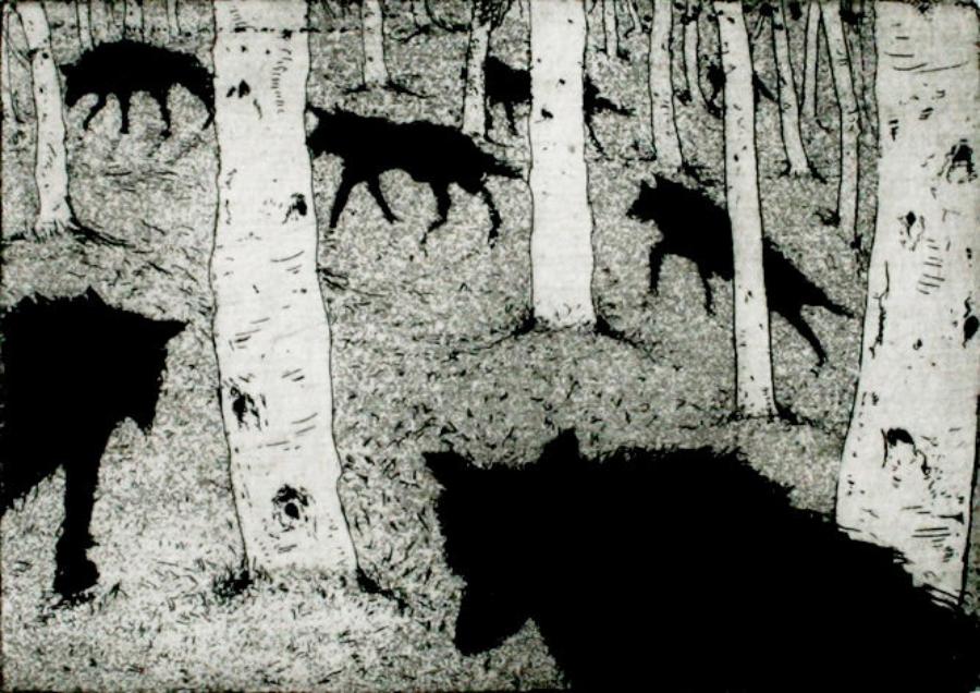 Wolves in the Wood by Tim Southall | Contemporary Etching Print for sale at The Biscuit Factory 