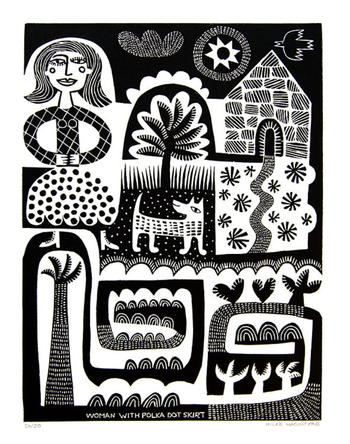 Woman in a Polka Dot Skirt by Hilke MacIntyre | Contemporary Linocut Prints available for sale at The Biscuit Factory Newcastle