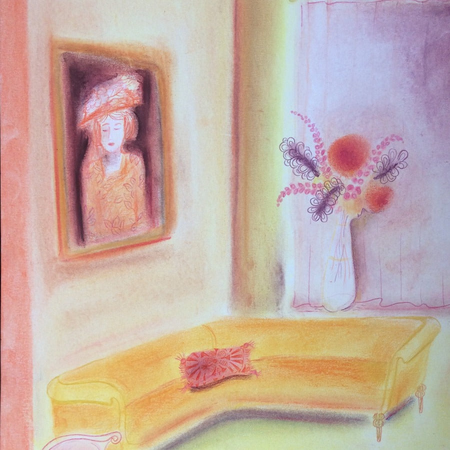 Sorollas Living Room - Woman in Hat, Yellow Walls by Trina Dalziel | Contemporary Painting for sale at The Biscuit Factory Newcastle 