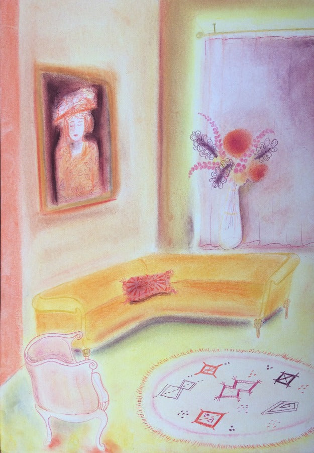 Sorollas Living Room - Woman in Hat, Yellow Walls by Trina Dalziel | Contemporary Painting for sale at The Biscuit Factory Newcastle