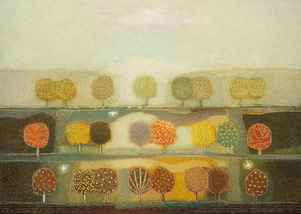 'Light through the Trees', an original painting by Dutch artist Rob Van Hoek at The Biscuit Factory. Image shows a painting of an abstracted landscape with 3 rows of patterned trees stacked vertically and three white birds scattered across. The colours fade from dark orange/brown and green at the bottom to pale green and yellow at the top