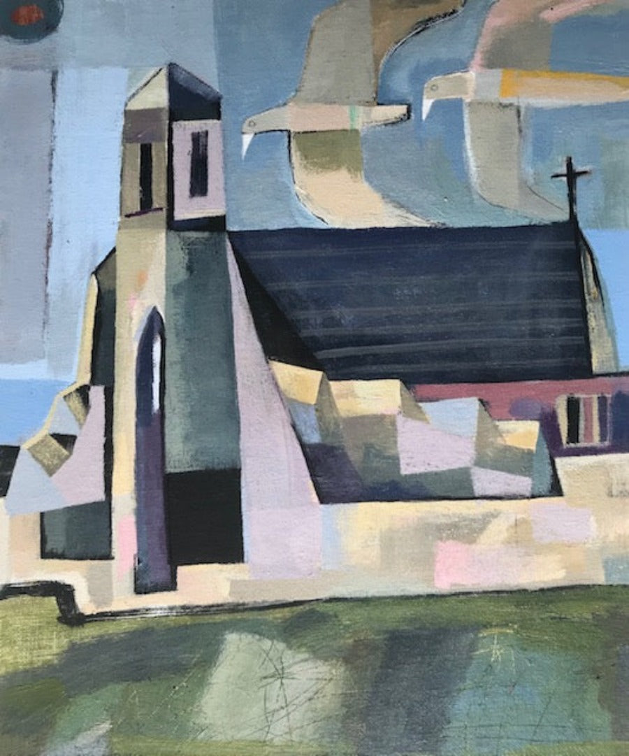 Two Birds Flying Close To A Church by Michael St Claire, an original painting of a church with two birds flying overhead. | Original art for sale at The Biscuit Factory Newcastle.