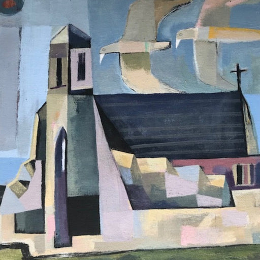 Two Birds Flying Close To A Church by Michael St Claire, an original painting of a church with two birds flying overhead. | Original art for sale at The Biscuit Factory Newcastle.